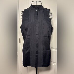 Ann Taylor NWT Navy Sleeveless Blouse with Black Matte Ruffle Design